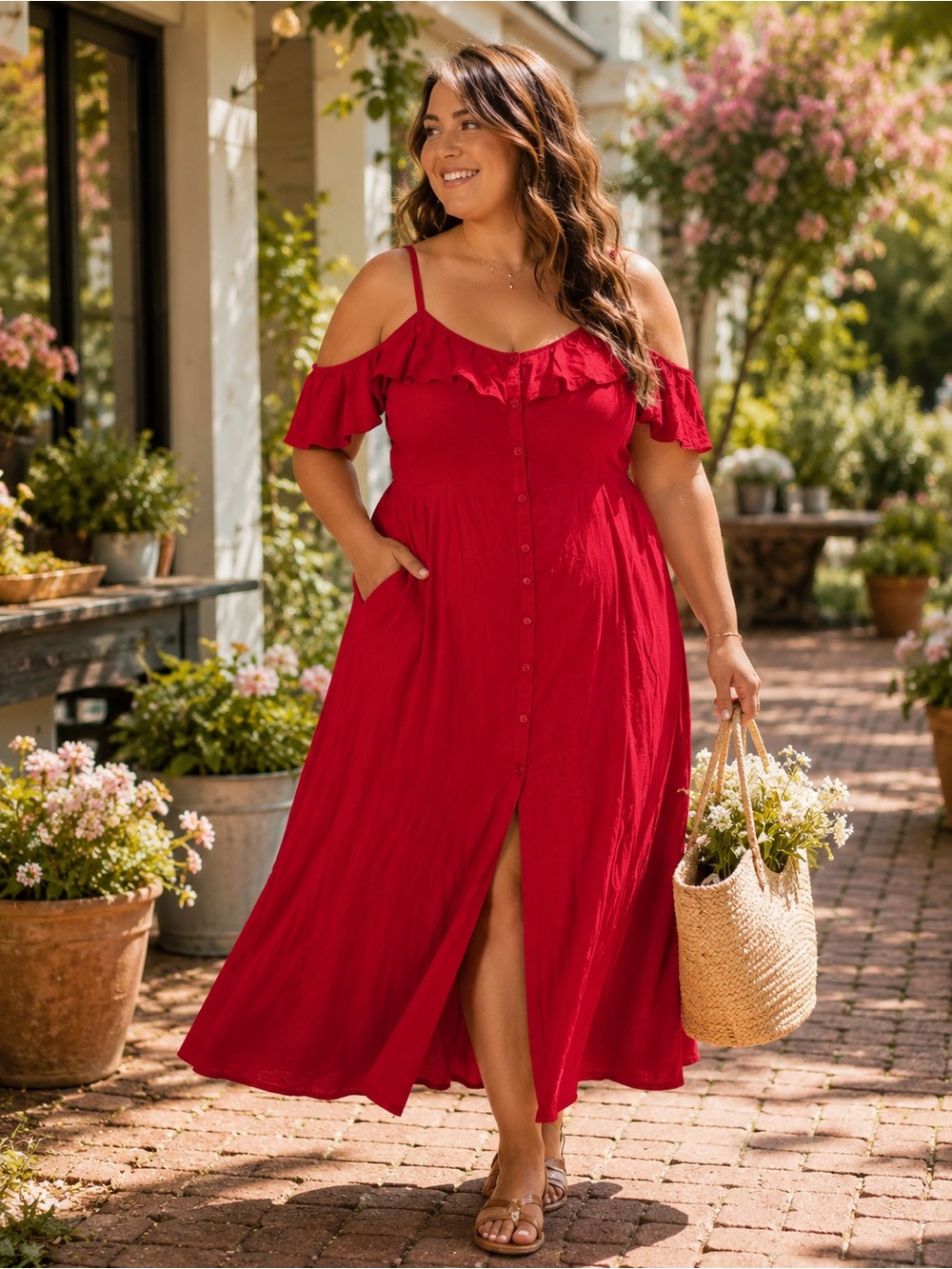 Ashley Stewart Red Ruffle-Trim Button Front Women's Dress